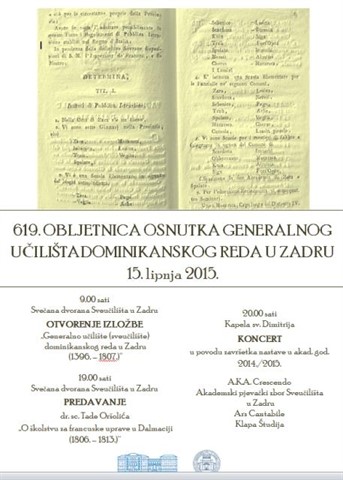 Poziv na prigodni program posvećen 619. obljetnici osnutka Generalnog učilišta dominikanskog reda u Zadru 